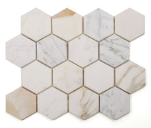 Load image into Gallery viewer, Elysium Tiles Hexagon Calacatta Gold Honed 10&quot; x 11.5&quot; Mosaic Tile
